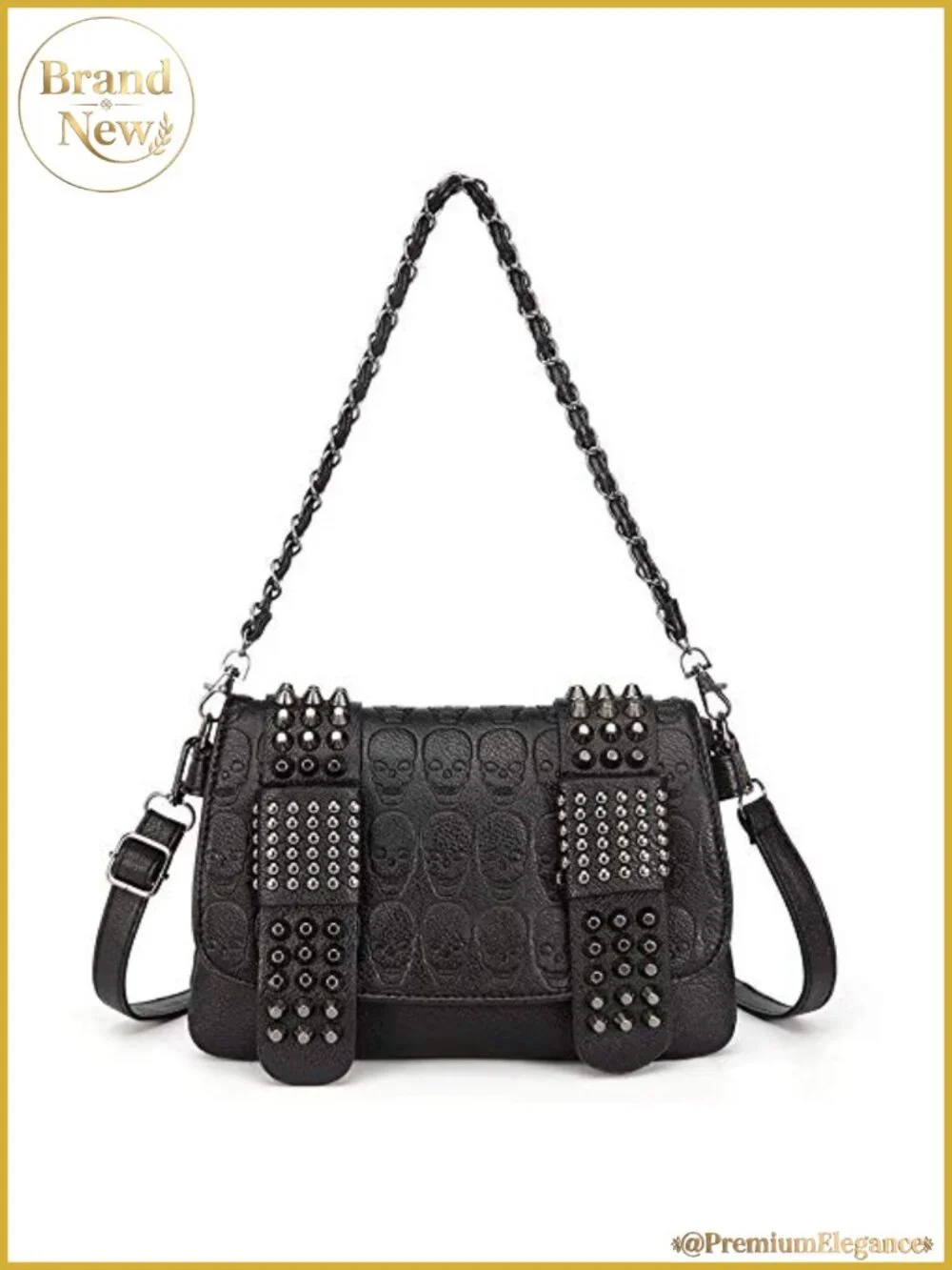 Goth Skull Rivet Shoulder Bag Satchel PU Leather Chain Tote Purse